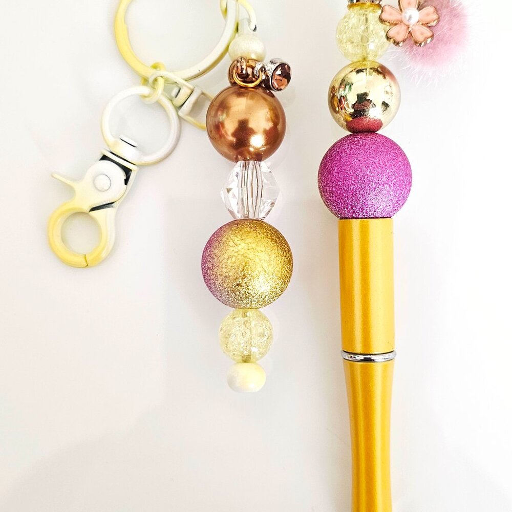 Gold Bubble Bead Pen & Keychain Set, Floral Charm, Gift Idea, Office Supplies